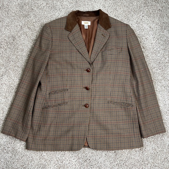 Talbots Jackets & Blazers - VTG Talbots Riding Blazer Wool Leather Equestrian Heritage Brown Plaid 14 USA